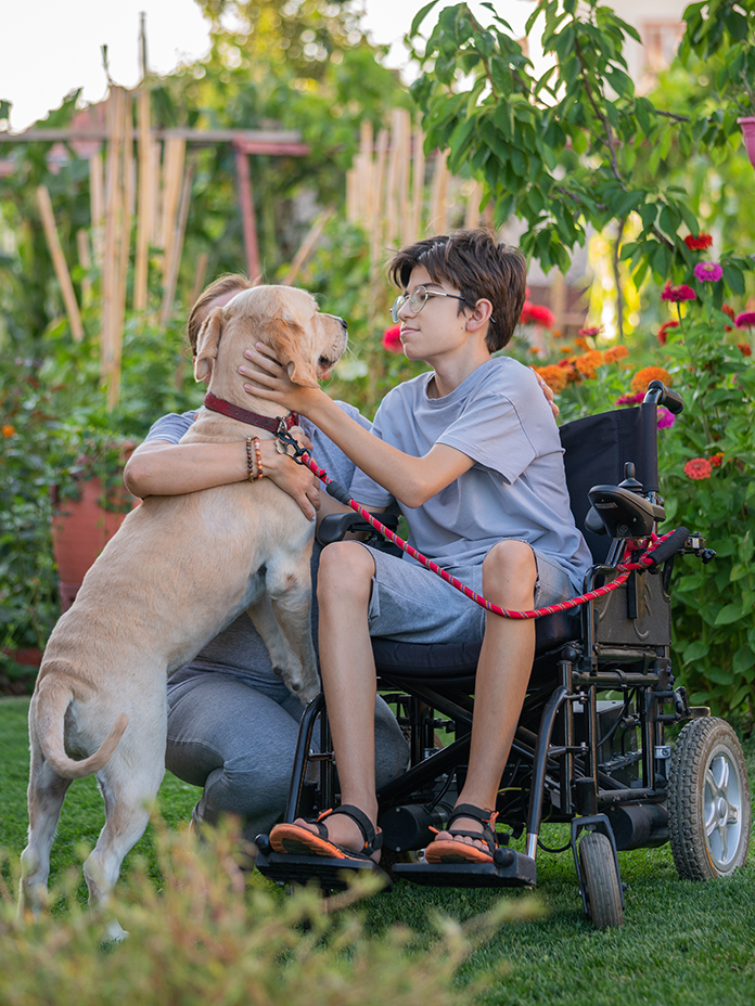 Boy in wheelchair playing with dog