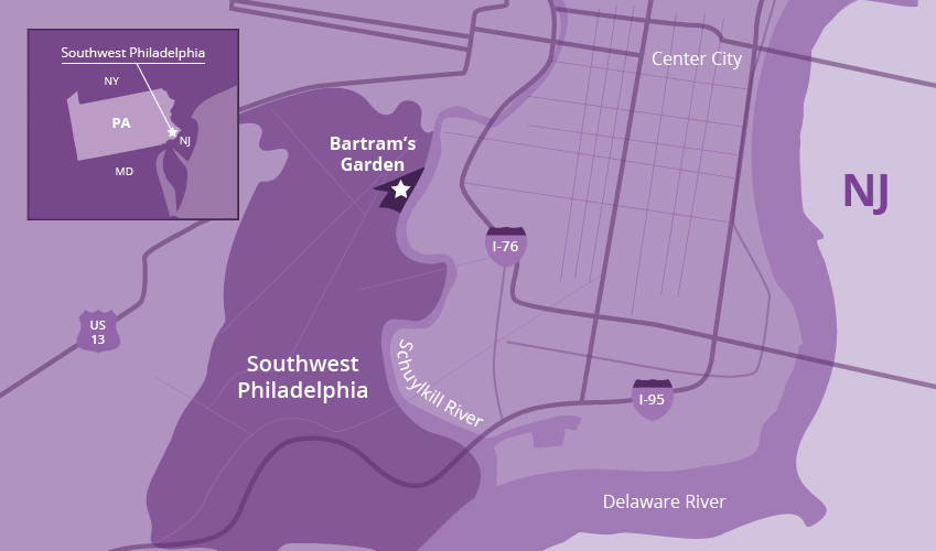 A purple map pinpointing the location of Bartram's Garden in Southwest Philadelphia, PA